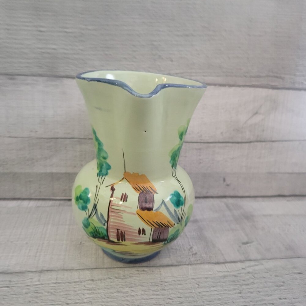 Hand-Painted Ceramic Pitcher With Cottage & Tree Design Italy Signed